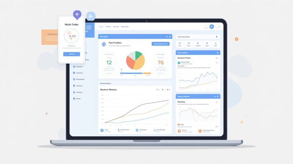 A laptop displays a modern data analytics dashboard with charts, graphs, and a 'Whale Tinder' app.