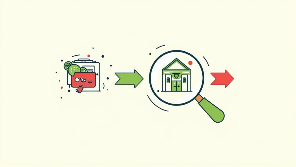 Illustration depicting a process where documents and data are analyzed within a magnifying glass focused on a bank building.