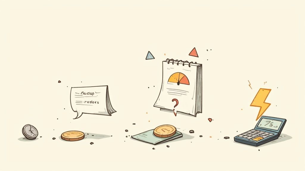 A cartoon illustration of financial elements including coins, a calculator, a clock, and a notepad with a gauge.