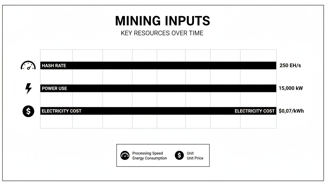 A chart showing key mining inputs: hash rate, power use, and electricity cost over time.