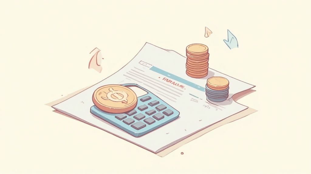 An illustration depicting a calculator, stacks of coins, and a document, symbolizing financial profit calculation.