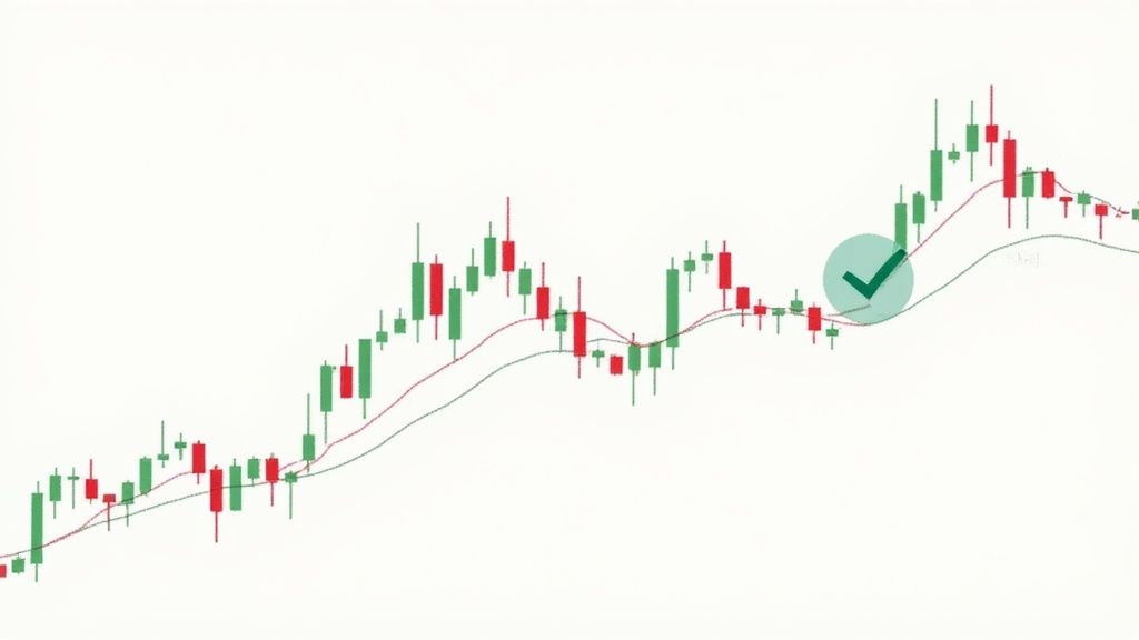 A stock market candlestick chart shows green and red candles with moving average lines and a green checkmark for a buy signal.