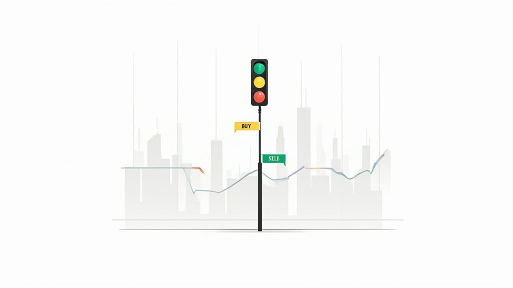 A traffic light with 'BUY' and 'SELL' signs, illustrating market trading signals and financial decisions.