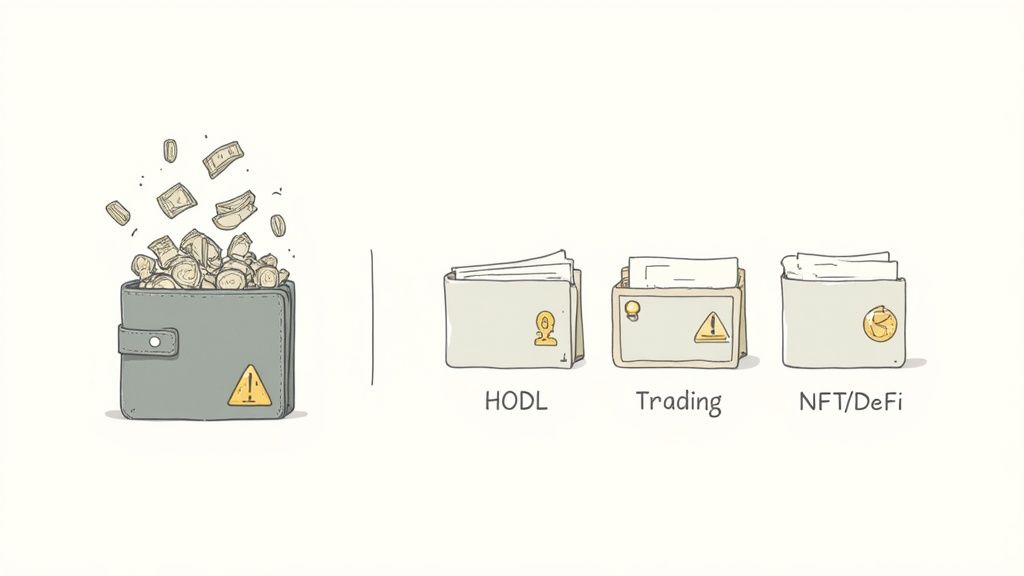 Illustration of multiple crypto wallets, one overflowing with money and warning signs, others for HODL, Trading, and NFT/DeFi.