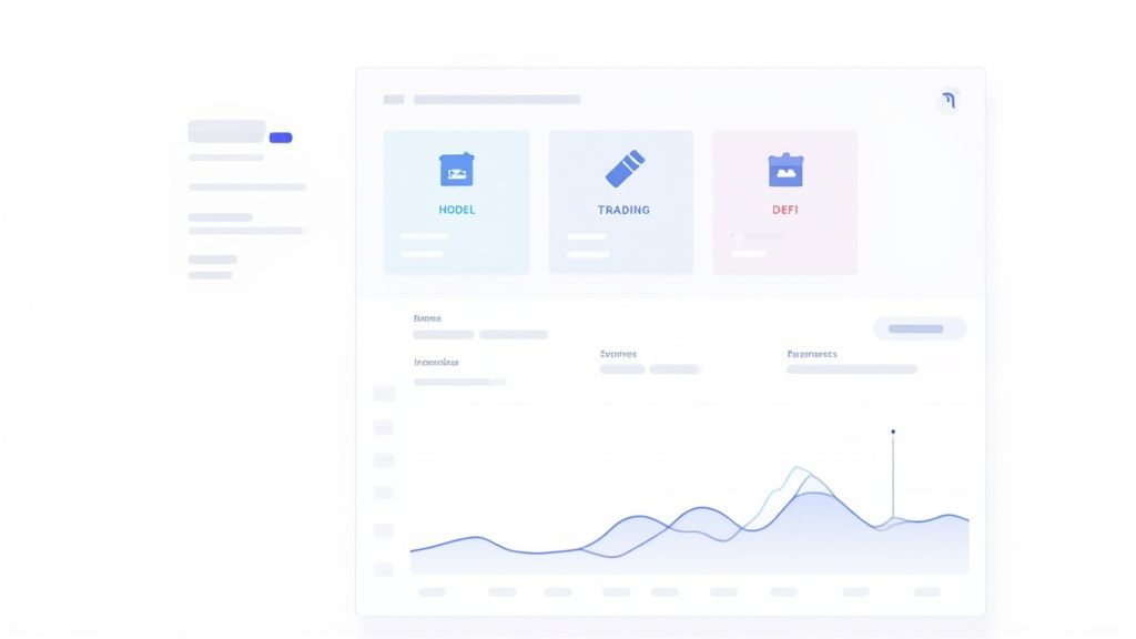 A digital dashboard showing cryptocurrency wallet categories like HODEL, Trading, and DeFi, with a financial graph.