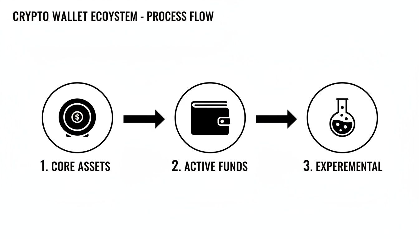 A diagram illustrating the crypto wallet ecosystem process flow from core assets to active funds and experimental stages.