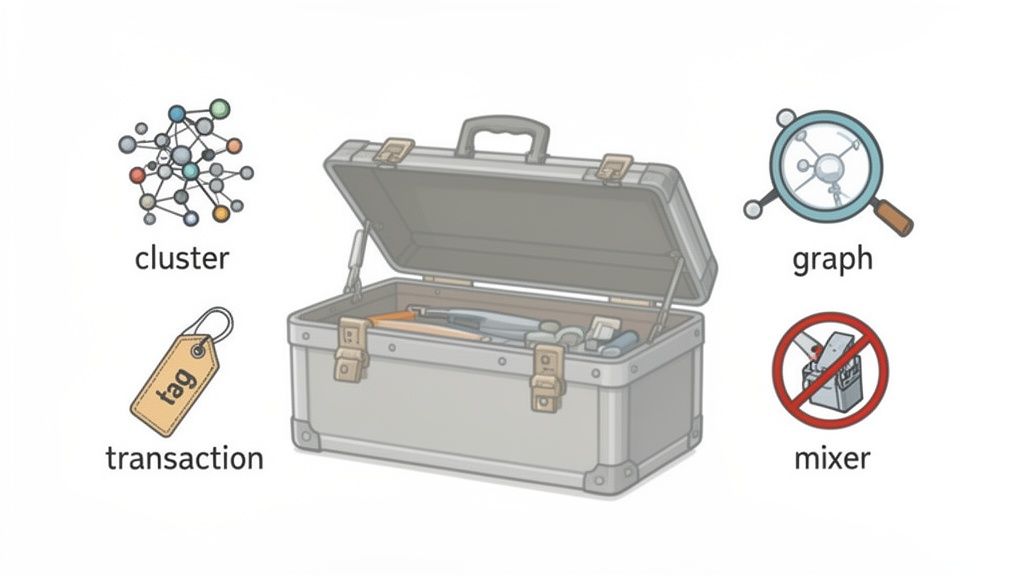 An open grey toolbox with icons for cluster, transaction, graph, and a forbidden mixer.