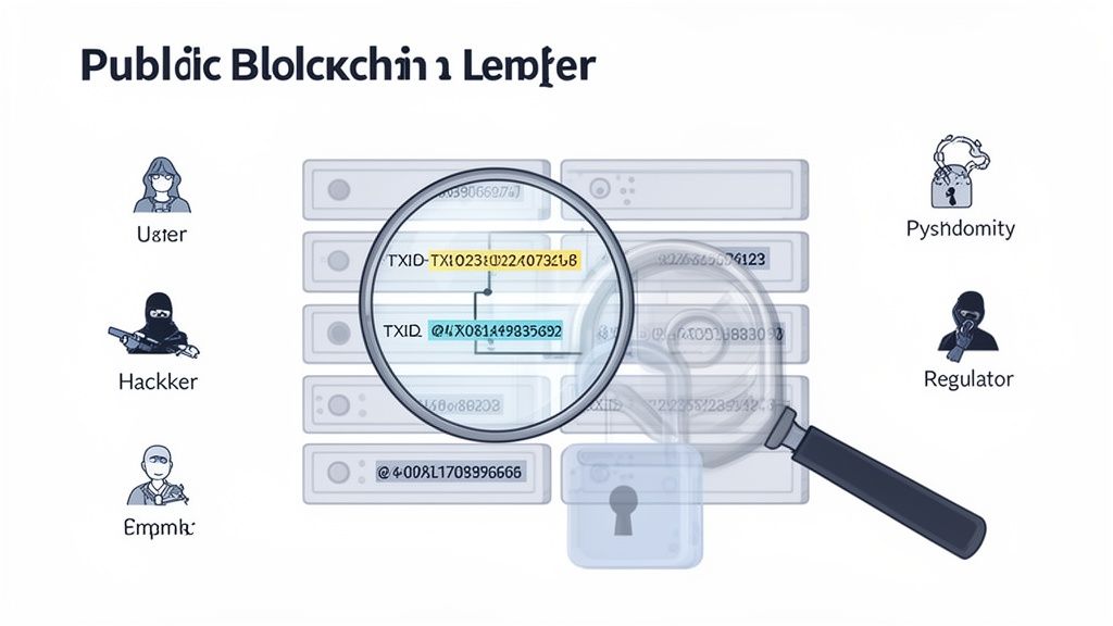 Illustration of a public blockchain ledger, showing transaction IDs being audited by a magnifying glass.