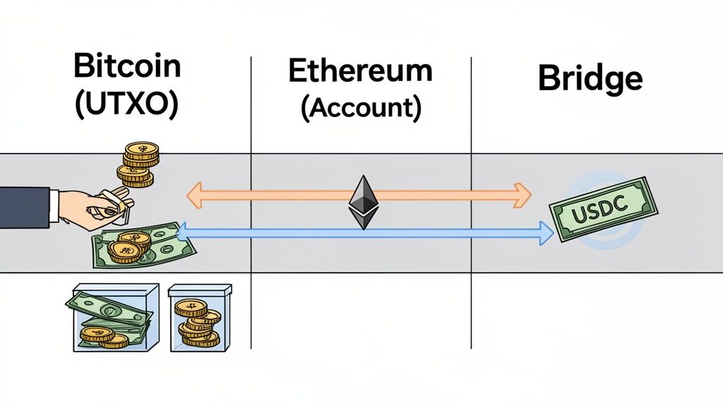 Diagram showing the flow of assets between Bitcoin (UTXO), Ethereum (Account), and a crypto bridge.