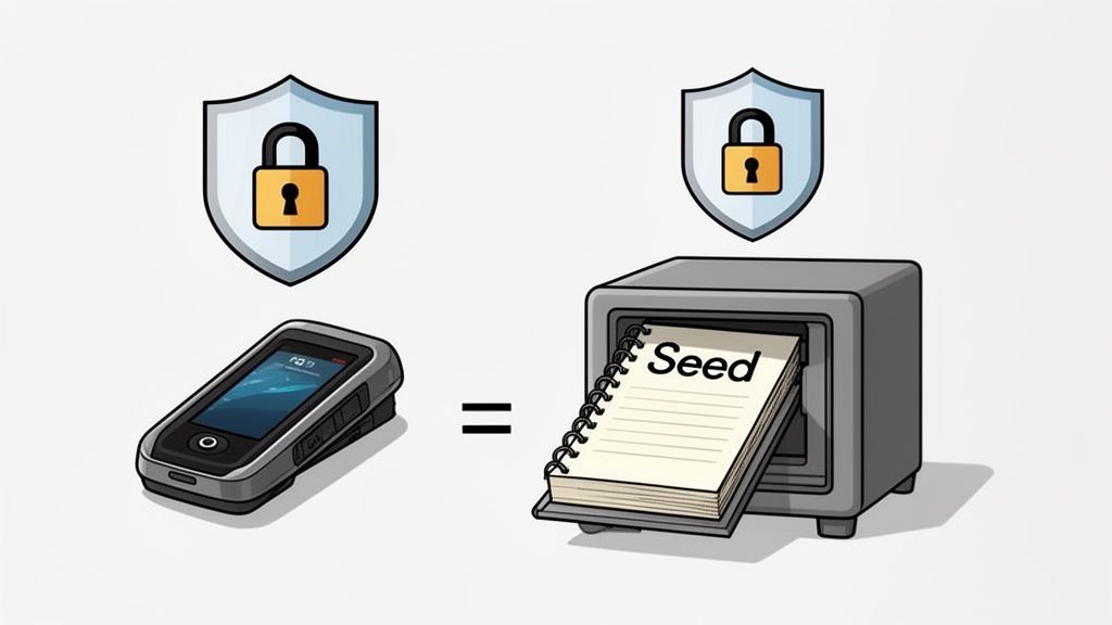 Illustration of a hardware wallet and a safe containing a 'Seed' notebook, both with security shields.