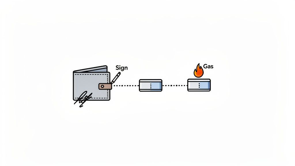 A diagram illustrates a process with a wallet, a pen signing, and a path leading to a gas flame icon.