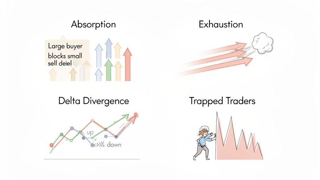 Four trading concepts illustrated: Absorption, Exhaustion, Delta Divergence, and Trapped Traders with descriptive graphics.