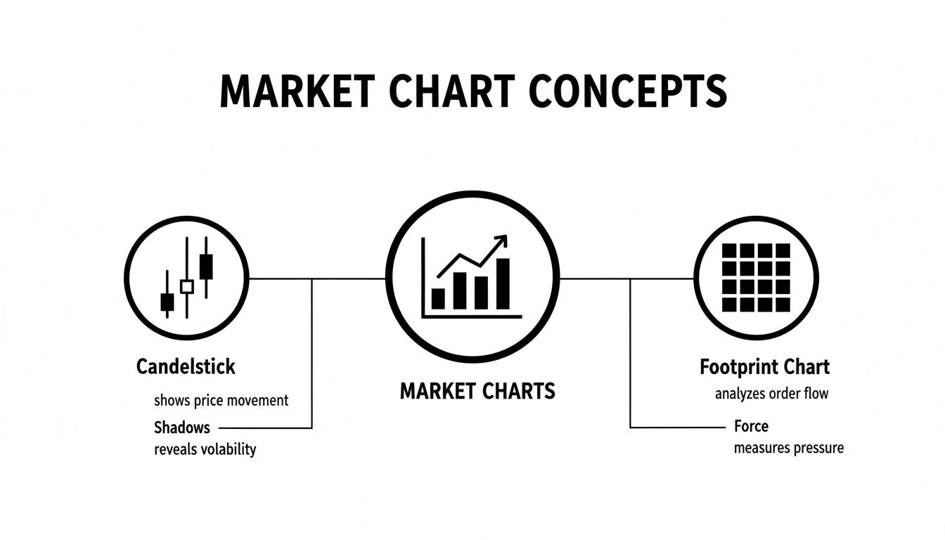 Diagram explaining market chart concepts: Candlestick for price movement and Footprint Chart for order flow.