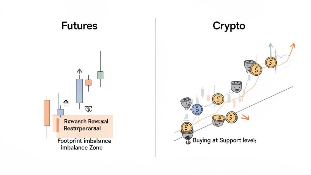 Financial charts comparing Futures order flow imbalance zones with Crypto buying at support levels.