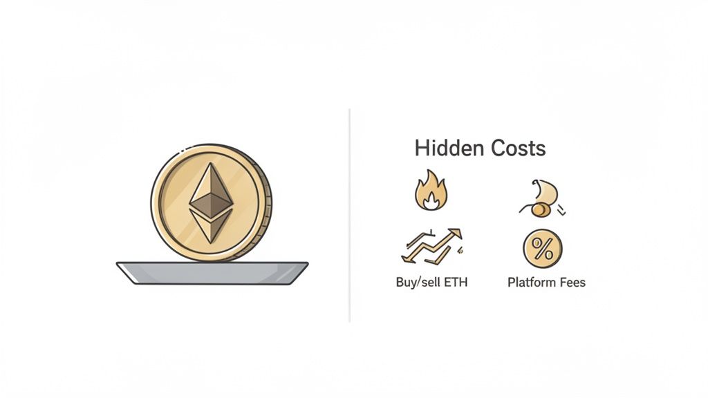 An illustration shows an Ethereum coin on a platform next to 'Hidden Costs' icons for buying/selling ETH and platform fees.