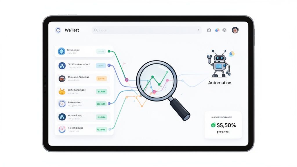 Tablet displaying a 'Walllett' app with financial data, trending graphs, and automation features.