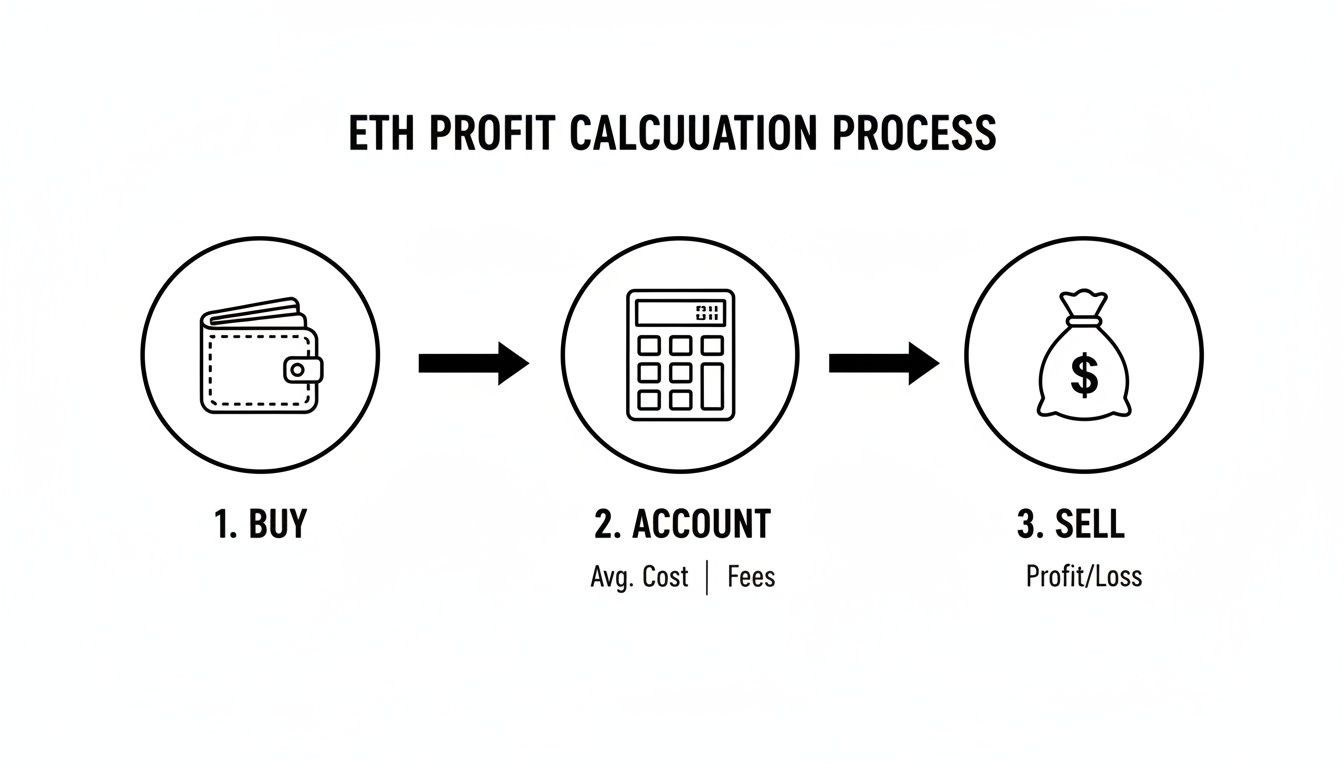 A diagram illustrating the ETH profit calculation process, detailing steps for buying, accounting for costs and fees, and selling for profit or loss.