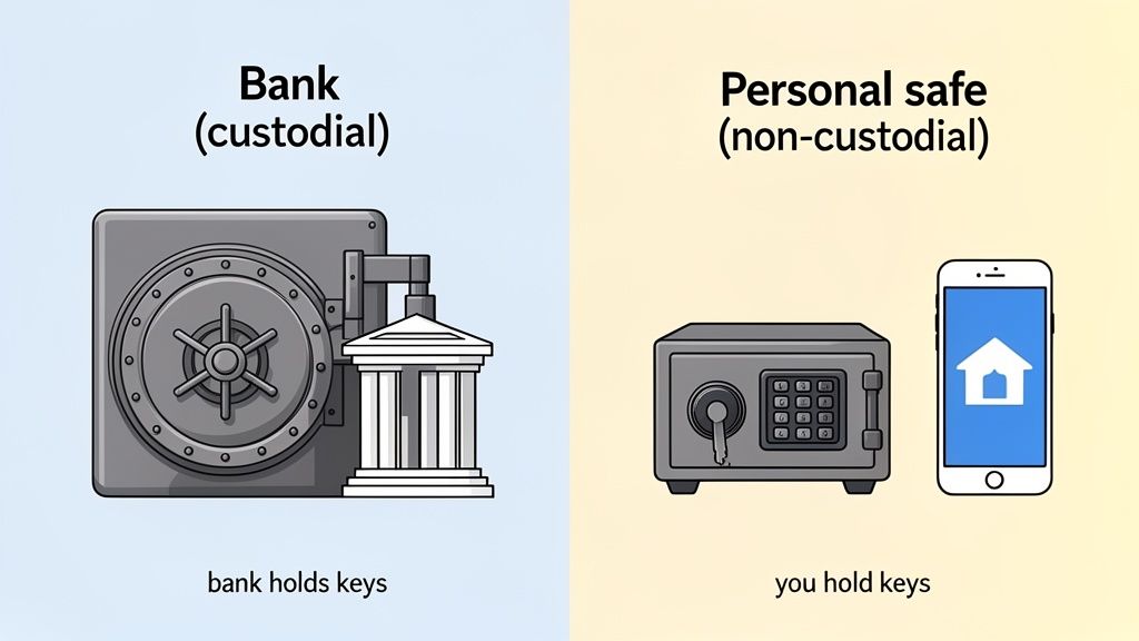 Visual comparison illustrating custodial bank with a vault (bank holds keys) versus non-custodial personal safe and smartphone (you hold keys).