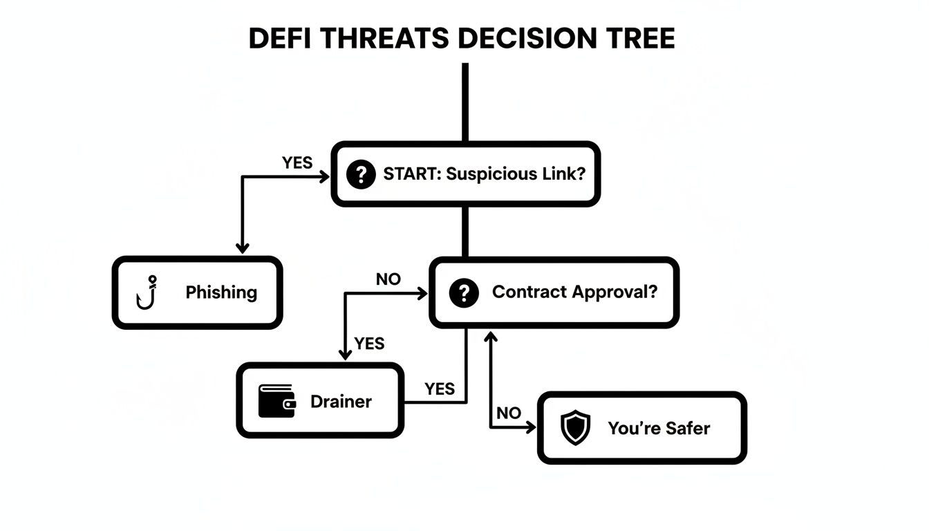 A DeFi threats decision tree guiding users on avoiding phishing, drainers, and staying safer.