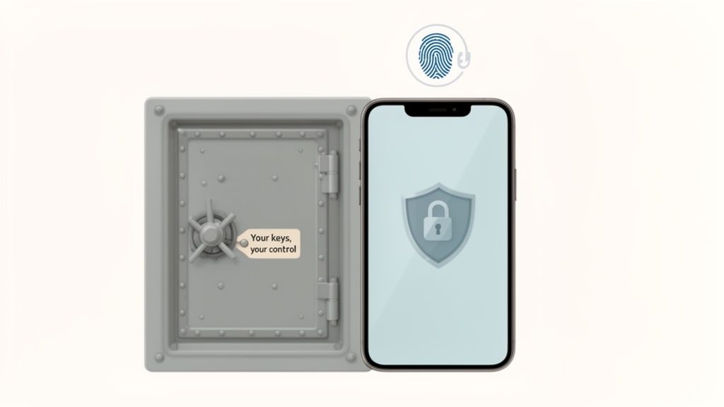 Digital security concept showing an open safe, a smartphone with a lock, and a fingerprint icon.