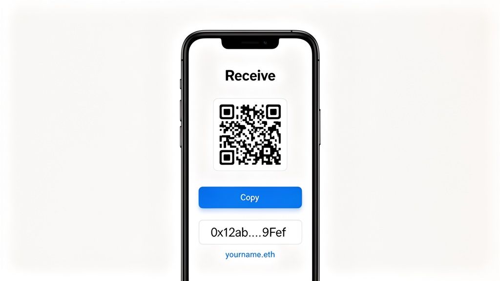 Mobile phone displaying a cryptocurrency wallet's receive screen, showing a QR code and an Ethereum address.