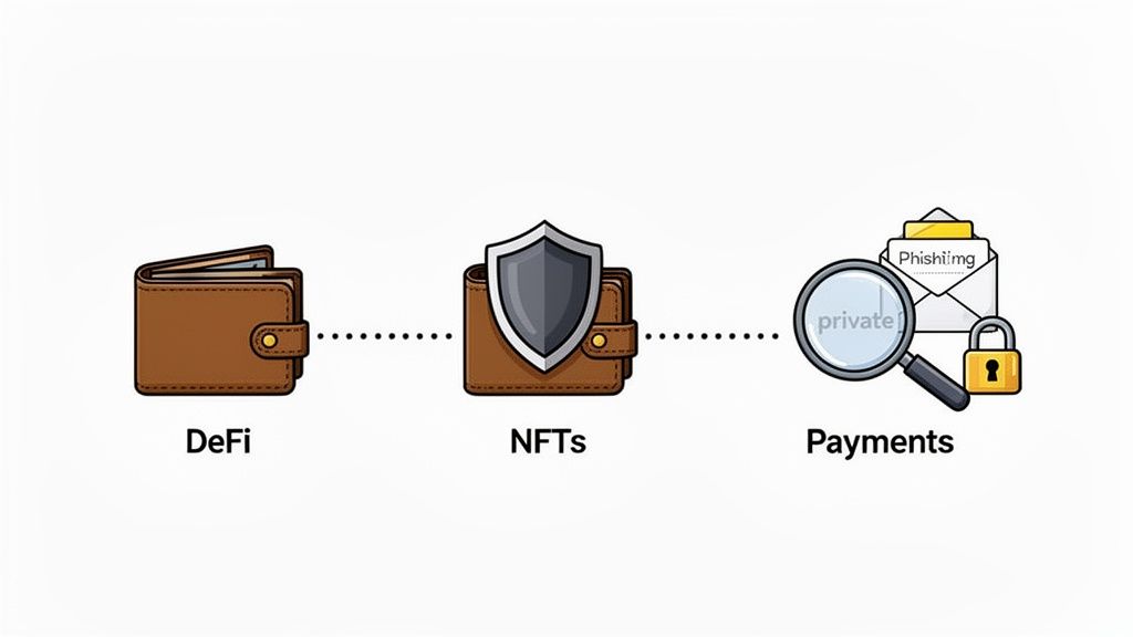 A diagram shows a digital wallet connected to DeFi, NFTs with a shield, and secure payments.