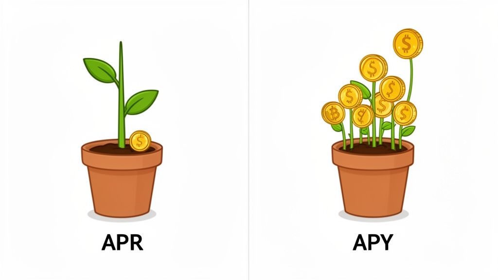 Illustrating APR versus APY with potted plants; APR has one coin, APY has many coins growing.