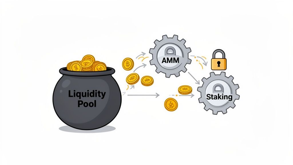 Diagram illustrating the flow of cryptocurrency coins from a liquidity pool through an AMM to staking.
