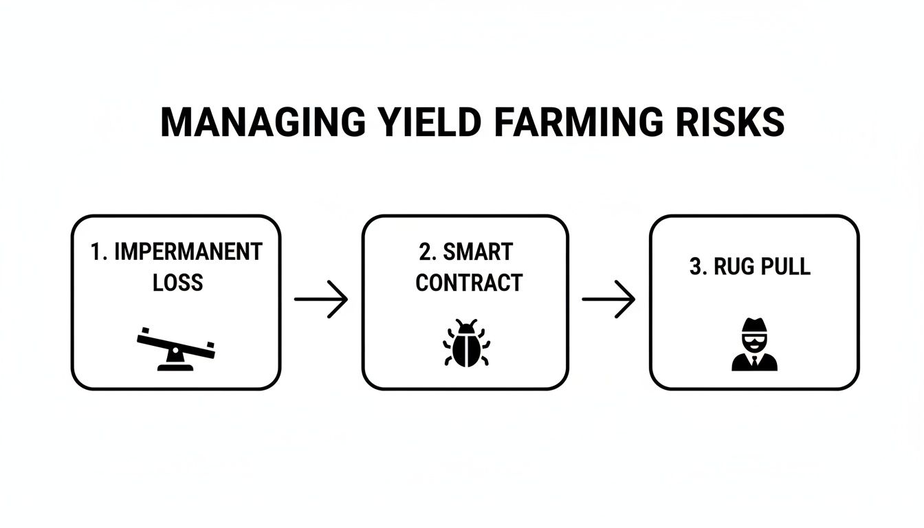 A diagram illustrating three key risks in yield farming: impermanent loss, smart contract vulnerabilities, and rug pulls.