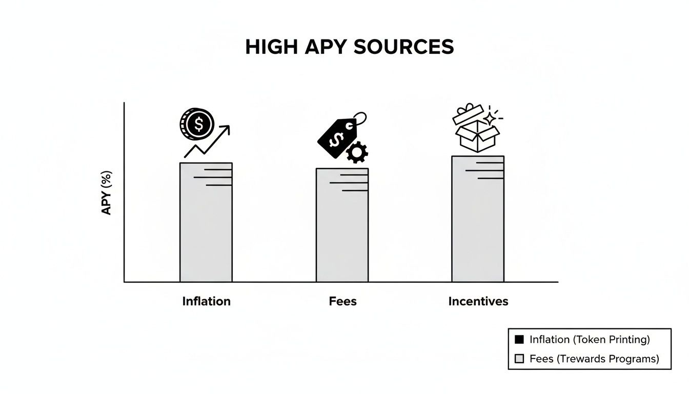 Bar chart illustrating high APY sources: Inflation, Fees, and Incentives, each contributing to APY.