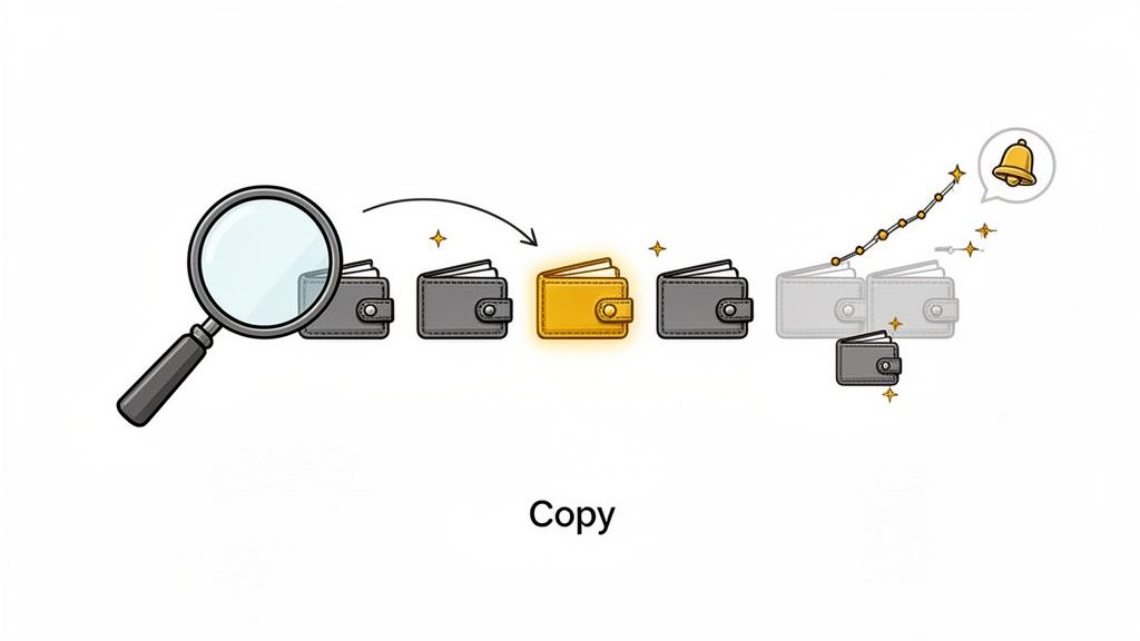Magnifying glass inspects wallets, highlights one golden, then copies appear, leading to a bell notification.