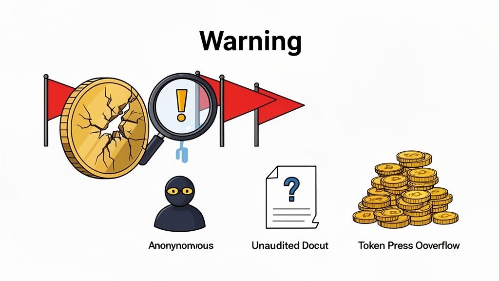 Warning signs for crypto investments, showing cracked coins, anonymous actors, unaudited documents, and token overflow.