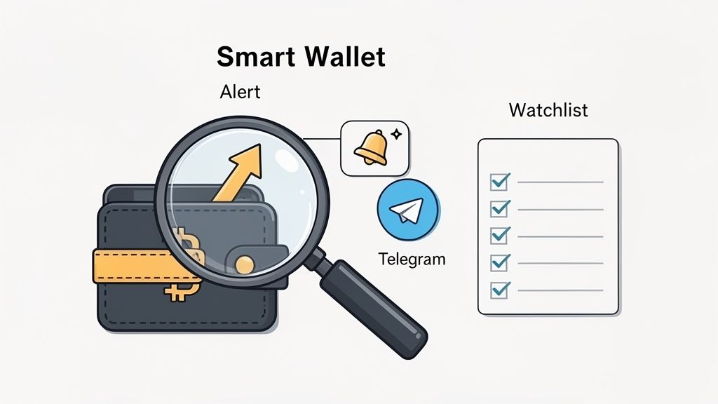 Illustration of a smart wallet concept with a magnifying glass, alert bell, Telegram integration, and a watchlist.