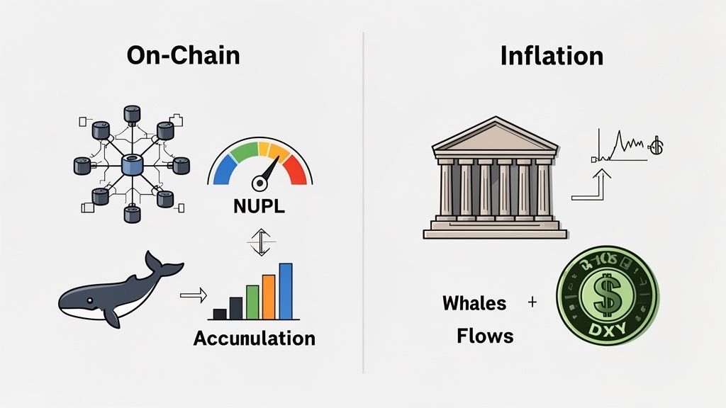 An infographic contrasting on-chain crypto metrics like NUPL and whale accumulation with inflation, central banks, and DXY.
