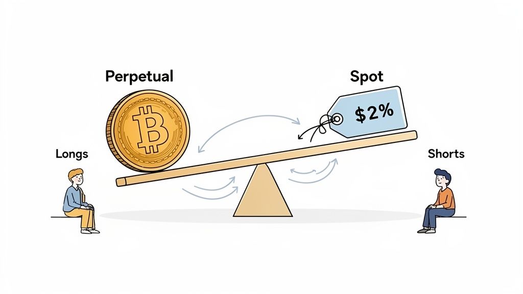 A seesaw illustrates crypto funding rates, with Bitcoin (Perpetual longs) heavier than Spot (shorts).