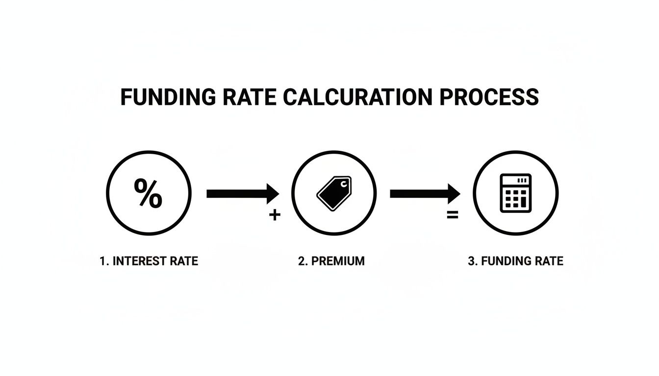 A flowchart illustrates the funding rate calculation: Interest Rate plus Premium equals Funding Rate.