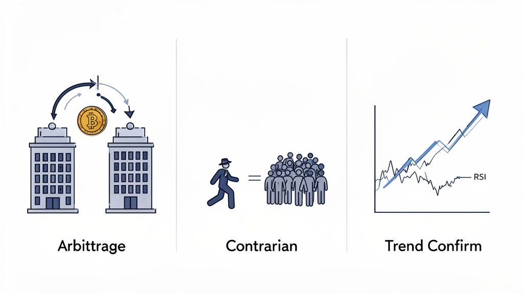 Three panels illustrating crypto and financial trading strategies: arbitrage, contrarian, and trend confirmation with RSI.