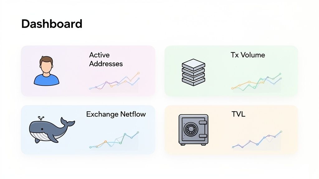 A dashboard displaying key crypto on-chain metrics: active addresses, transaction volume, exchange netflow, and total value locked.