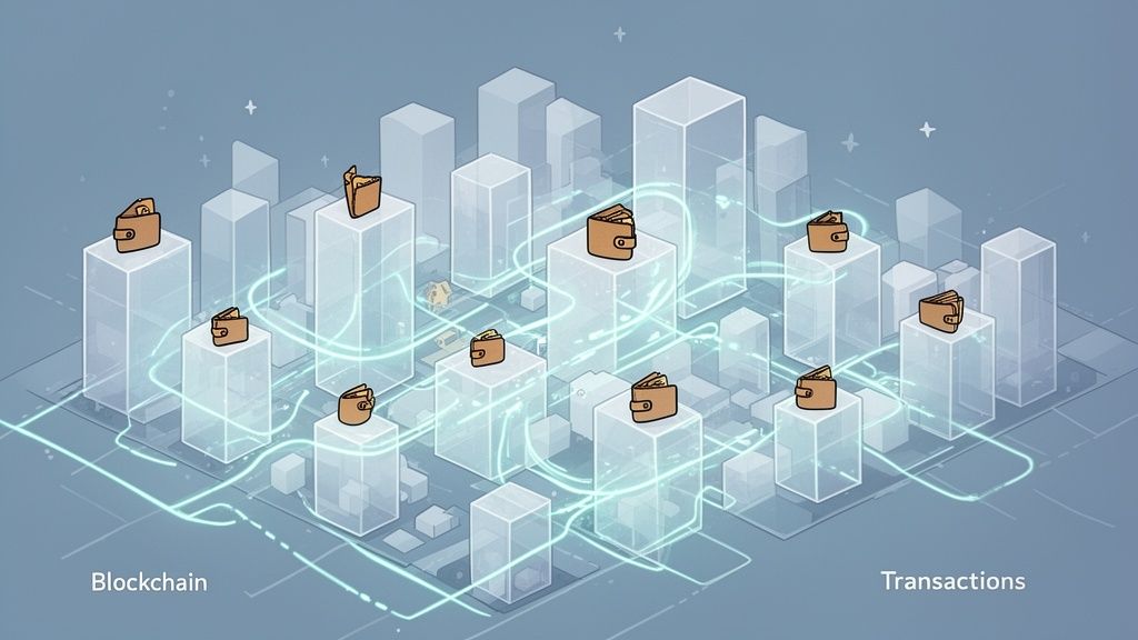 An isometric illustration showing multiple wallets on transparent blocks connected by glowing blockchain transaction lines.