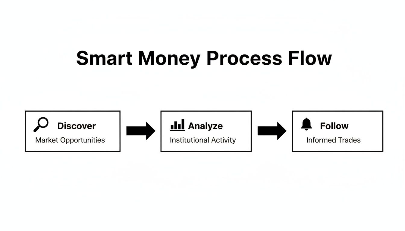 Diagram illustrating the Smart Money Process Flow with steps: Discover, Analyze, Follow.