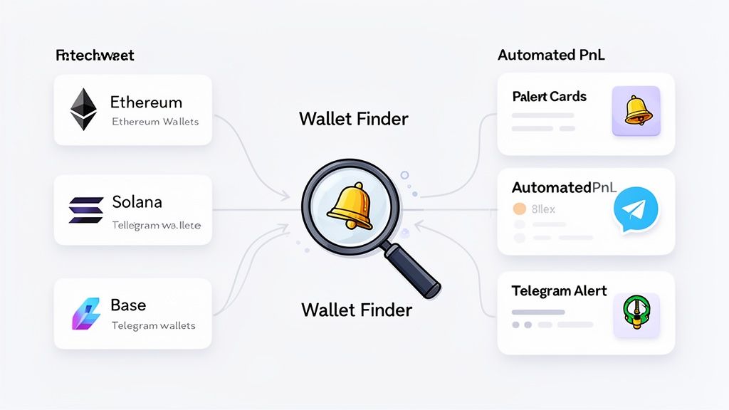 Diagram showing a Wallet Finder service tracking Ethereum, Solana, and Base wallets for automated PnL alerts.