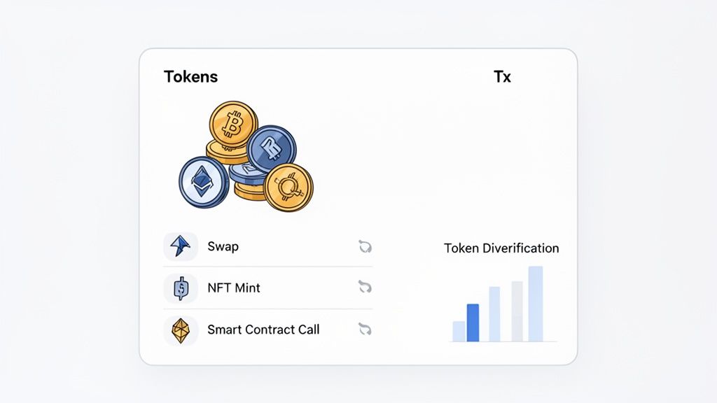 A white card displaying various crypto tokens, actions like Swap and NFT Mint, and a token diversification chart.