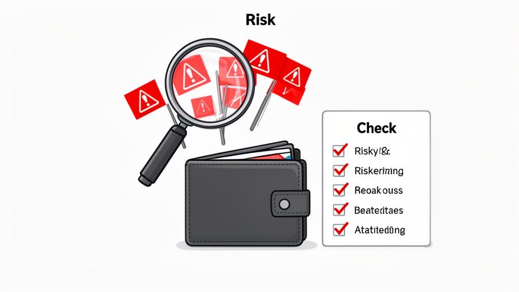 A magnifying glass inspects multiple red warning signs above a wallet, illustrating a risk check.