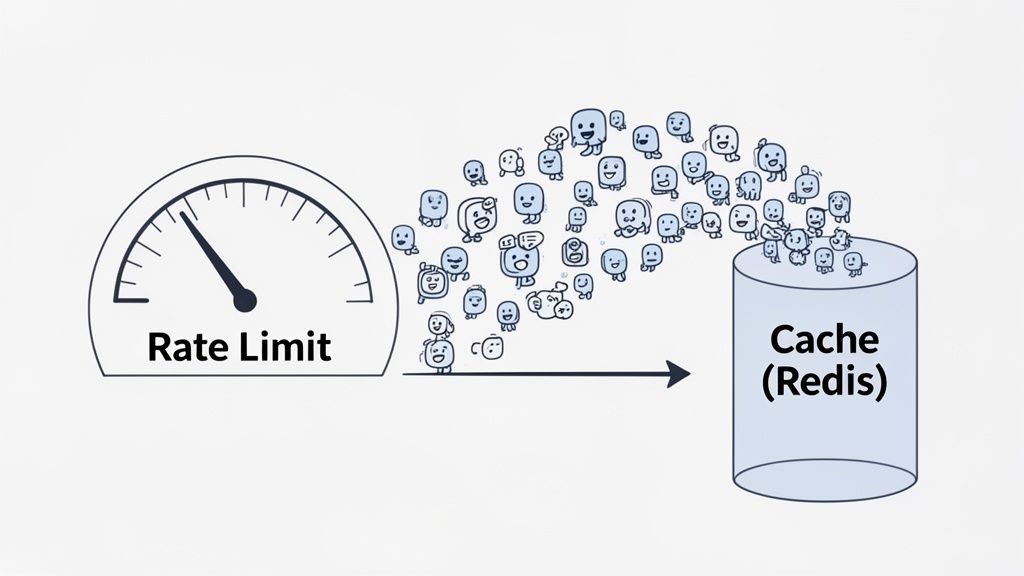 Diagram illustrating how a rate limit controls data flow into a Redis cache system.
