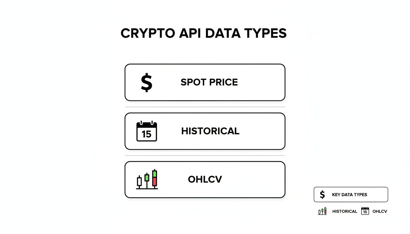 An infographic illustrating various crypto API data types, including spot price, historical data, and OHLCV.
