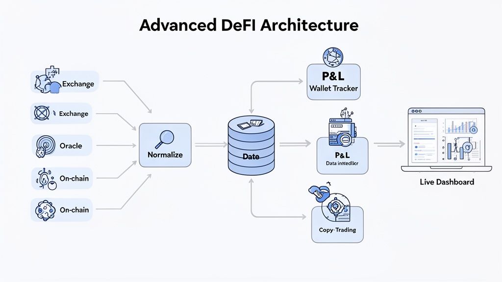 Diagram illustrating advanced DeFi architecture, showing data flow from exchanges and on-chain to P&L tracking and live dashboards.