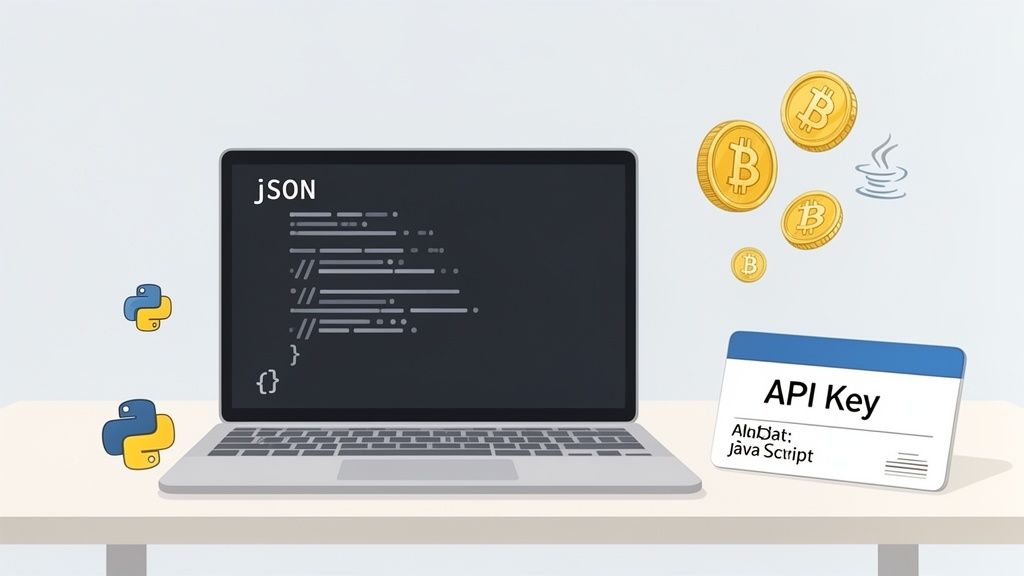 A laptop displaying JSON code with Python logos, Bitcoin coins, Java logo, and an API Key card.