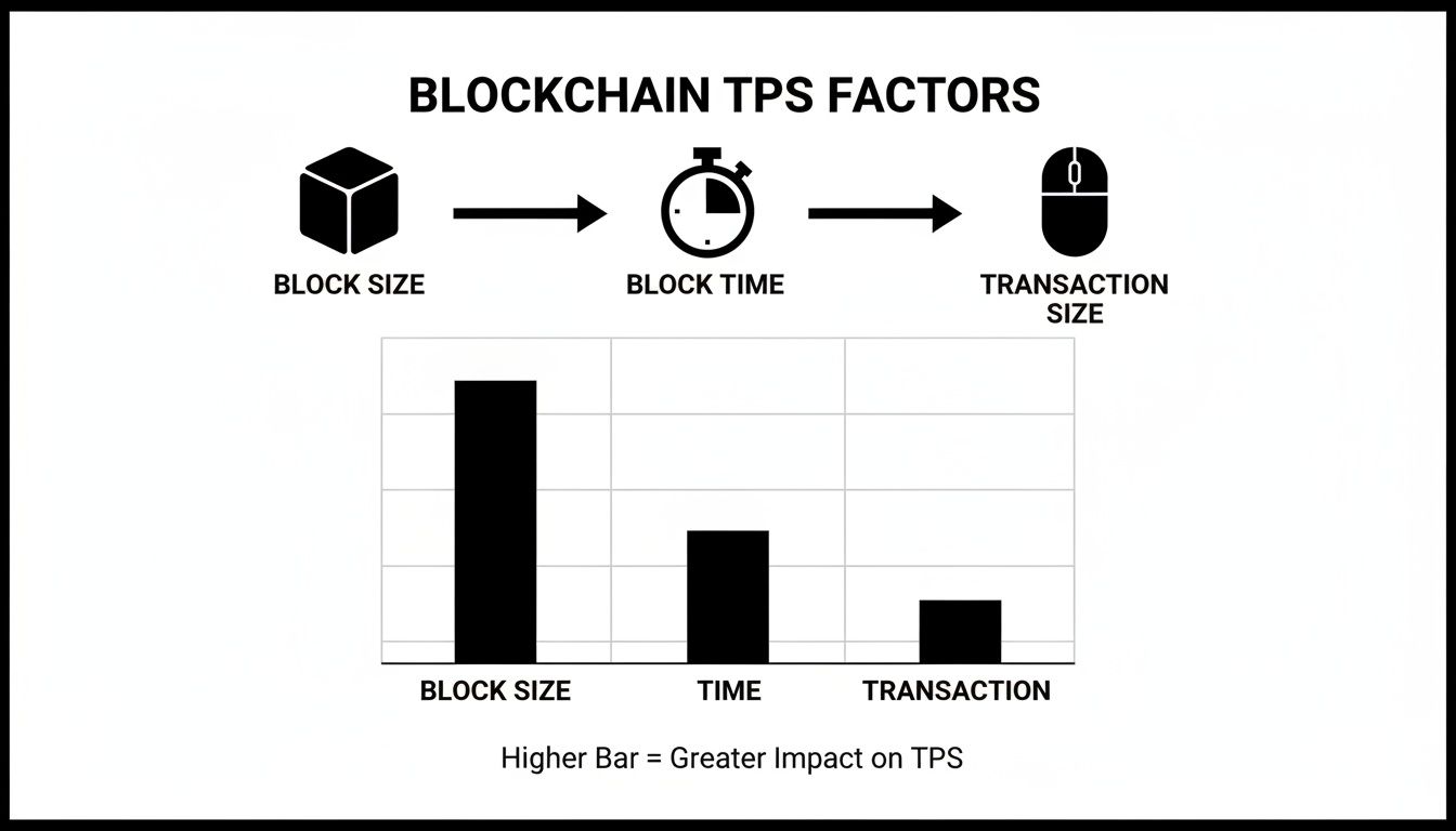 Bar chart shows blockchain TPS factors: Block Size, Block Time, and Transaction Size, with Block Size having the greatest impact.