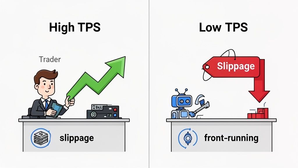 Cartoon illustrates high TPS resulting in positive trading and low TPS causing slippage and front-running.