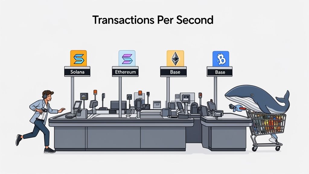 Cartoon comparing cryptocurrency transaction speeds at supermarket checkouts, showing Solana processing items quickly.